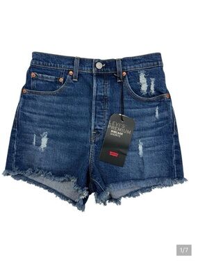 Levi's Premium Ribcage Denim Shorts Dark Wash Distressed NWT Womens 27